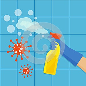 A gloved hand holds a bottle of antiseptic spray. Cleaning service. Disinfection of the coronavirus. Vector illustration in flat