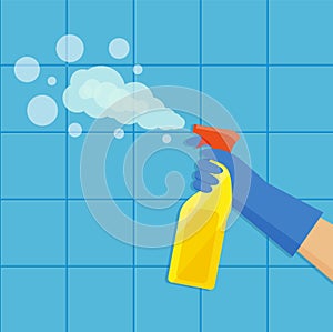 A gloved hand holds a bottle of antiseptic spray. Cleaning service. Vector illustration in flat style