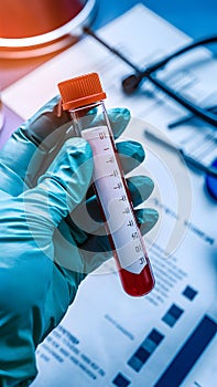 Gloved hand holds DNA TEST tube with red liquid in medical lab.