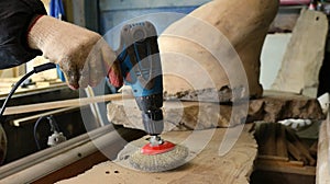 a gloved hand holds a drill with an attachment for sanding wood