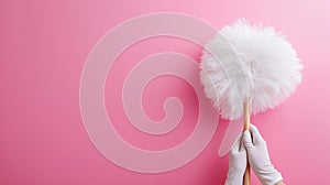 gloved hand holds a fluffy cleaning duster on a pink backdrop, copy space