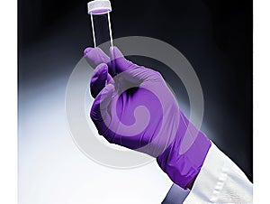 Gloved hand holds test tube containing purple substance