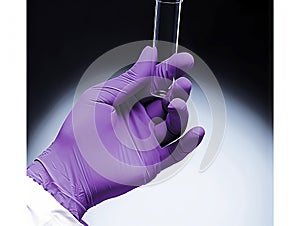 Gloved hand holds test tube containing sample of liquid