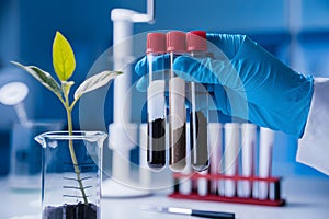 Gloved hand holds three test tubes with soil samples in a lab setting photo