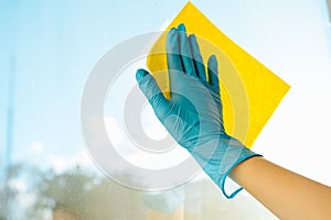 A gloved hand holds a yellow sponge