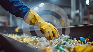 Gloved Hand Sorting Plastic Waste on a Conveyor Belt