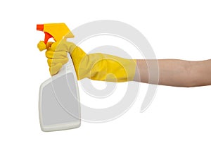 Gloved hand with spray bottle with copy space photo