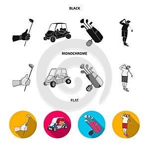 A gloved hand with a stick, a golf cart, a trolley bag with sticks in a bag, a man hammering with a stick. Golf Club set