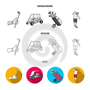 A gloved hand with a stick, a golf cart, a trolley bag with sticks in a bag, a man hammering with a stick. Golf Club set