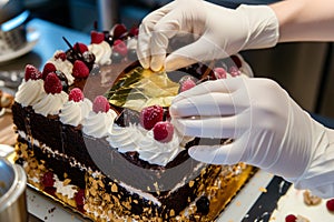 gloved hands applying edible gold leaf to a black forest cake