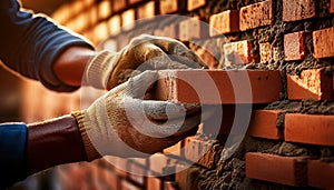 Gloved Hands of a Bricklayer Laying a Clay Brick on Brick Wall Under Construction - Generative Ai