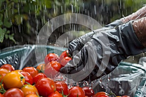 gloved hands collecting watersoaked tomatoes amidst downpour photo