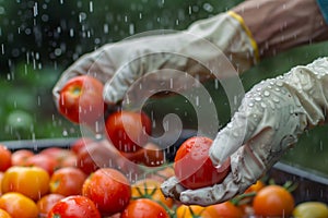 gloved hands collecting watersoaked tomatoes amidst downpour