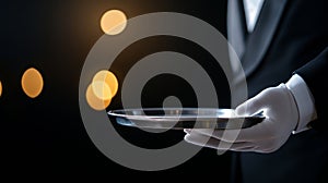 Waiter holding empty tray in elegant restaurant setting