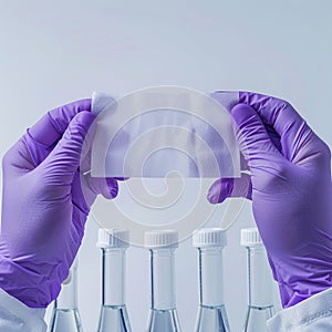 Gloved hands hold white paper block over test tubes