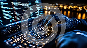 Gloved hands operate a glowing mouse over an illuminated laptop, representing the high-tech world of coding and