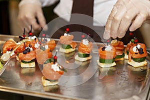 The gloved hands of the waiter lay out canapes with fish. Catering for business meetings, events and celebrations. Close-up