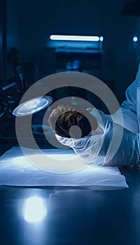 Gloved technician examines clean manganese nodule under LED lights