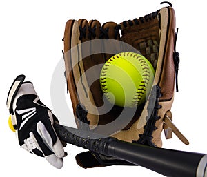 Gloves, ball and bat