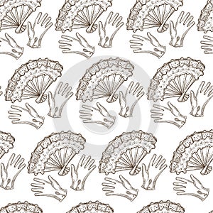 Gloves and fan with lace, vintage accessories seamless pattern