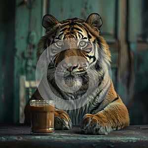 In the glow of dawn, a tiger patiently waits for breakfast with a coffee scent in the air