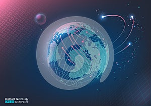 Abstract image of points and lines. Digital space. Planet Earth and the Moon. Communication, Internet. Blue background.