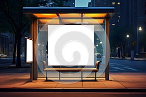 Glow of fluorescent lights illuminates empty bench. Bus stop decorated with blank citylight board stands on city street