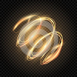 Glow gold swirl. Shiny spiral lines effect. Light golden twirl. Glowing glitter trail. Fire spiral trace. Light painting