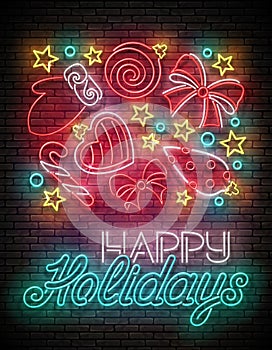 Glow Greeting Card with Christmas Decorations, Santa`s Mitten and Candy