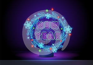 Glow Greeting Card with Christmas Tree Decorations.Merry Christmas neon sign, bright signboard, light banner. Christmas