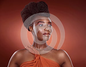 Glow, haircare and African woman in studio, confidence and mockup for braids, creative and culture. Background, elegant