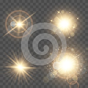 Glow isolated white transparent light effect set, lens flare, explosion, glitter, line, sun flash, spark and stars. Abstract speci