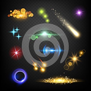 Glow lens effects. Glares bokeh circles burst fireworks lightning vector abstract template