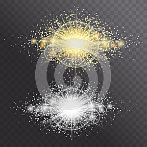 Glow light effect. Star burst with golden sparkles glitter text