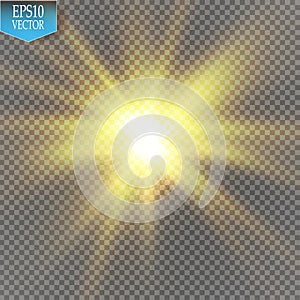 Glow light effect. Starburst with sparkles on transparent background. Vector illustration.