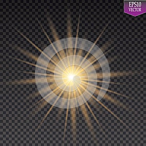 Glow light effect. Starburst with sparkles on transparent background. Vector illustration. Sun