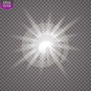 Glow light effect. Starburst with sparkles on transparent background. Vector illustration. Sun