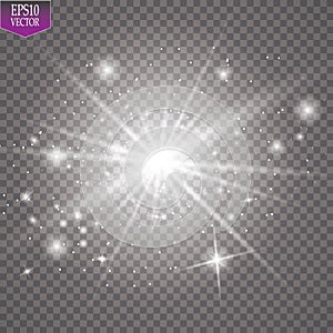 Glow light effect. Starburst with sparkles on transparent background. Vector illustration. Sun