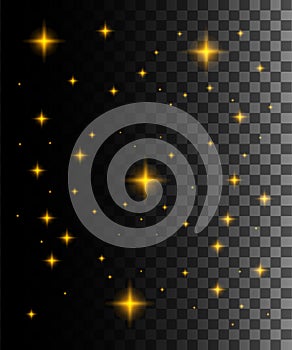 Glow light effect. Vector illustration. Golden star dust trail sparkling particles isolated on transparent background. Abstract