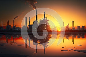 Glow light of petrochemical industry on sunset, chemicla plant