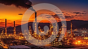 Glow light of petrochemical industry on sunset and Twilight sky Generative AI