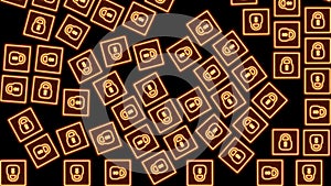 Glow lock orange neon icons falling on a black background 4K