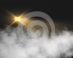 Glow motorcycle headlight in smoke. Beacon lights with mist. Vector light effect in fog isolated on transparent photo