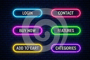 Glow neon buttons for internet store design. Set of website shop button. Vector shiny design elements