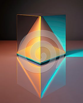 The glow of a prism reflecting off the viscid surface of a pool. Podium, empty showcase for packaging product
