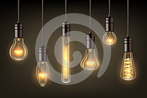 Glow realistic lamps. Incandescent light hang bulb wire vector illustrations set