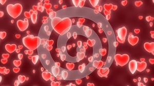 Glowing 3D Red Love Hearts Falling Valentine`s Day Romance Concept - Abstract Background Texture