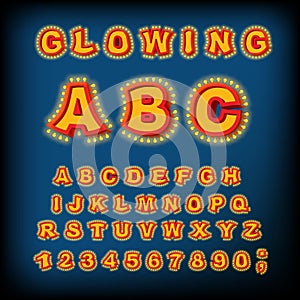 Glowing ABC. Light font. Retro Alphabet with lamps. font pointer