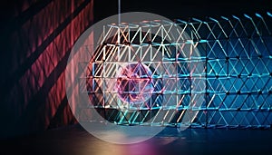 Glowing abstract backdrop illuminates futuristic nightclub performance space generated by AI