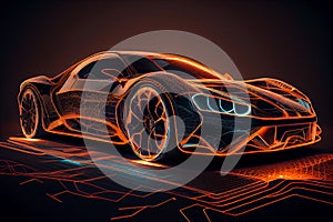 Glowing abstract car outline silhouette on dark background. Futuristic sports car wireframe intersection